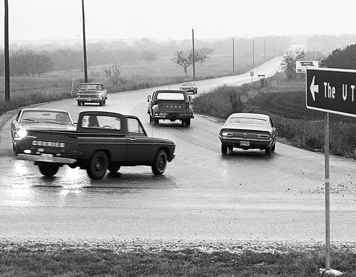 Traffic on UTSA Boulevard, the main artery to campus, on February 18, 1976.