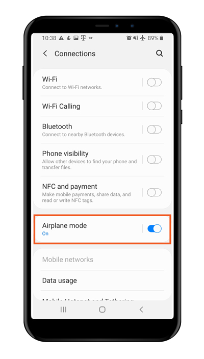 Airplane mode selected on Android phone