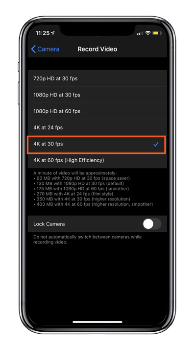 4k at 30 FPS option selected on iPhone