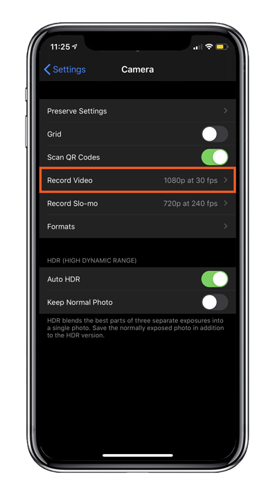 Record Video option selected on iPhone