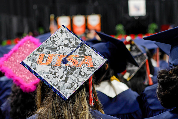 Close up of graduate's decorated mortarboard during commencement ceremony