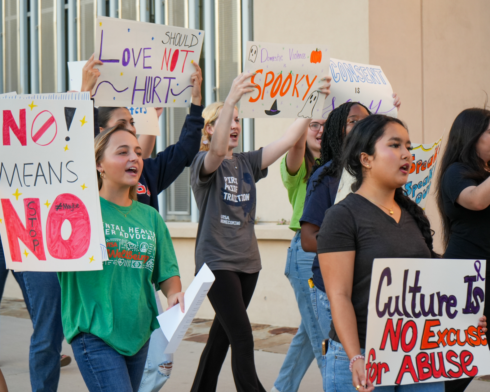 Group of women holding signs for awareness of domestic violence.