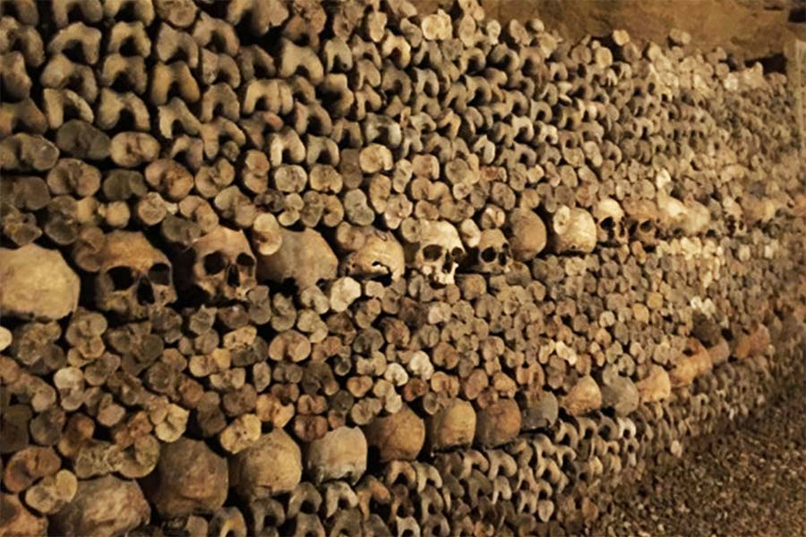 Catacombs beneath the city of Paris are a storehouse for human skeletal remains removed from overflowing cemeteries.
