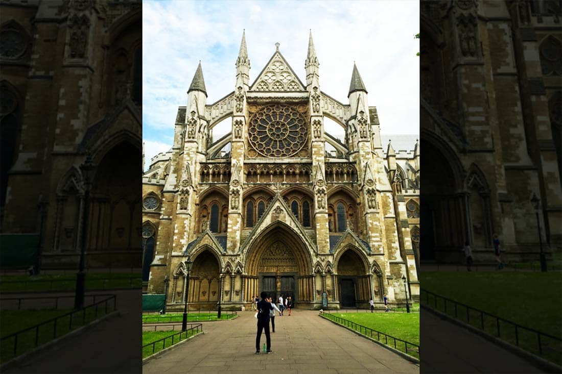 The Gothic architecture of Westminster Abbey in London, England.
