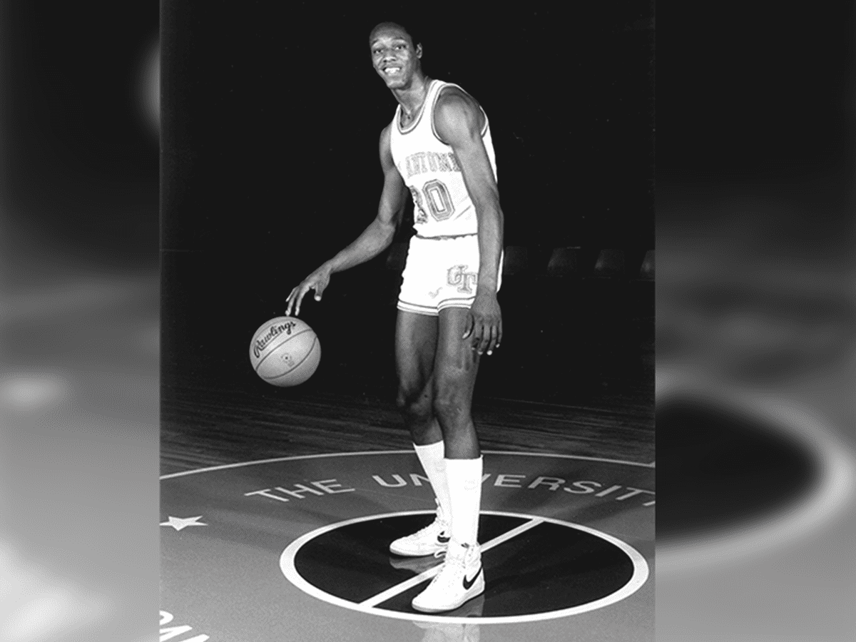 A publicity shot of Derrick Gervin. His team number, 30, was later retired by UTSA, and a Gervin jersey hangs in the Convocation Center.