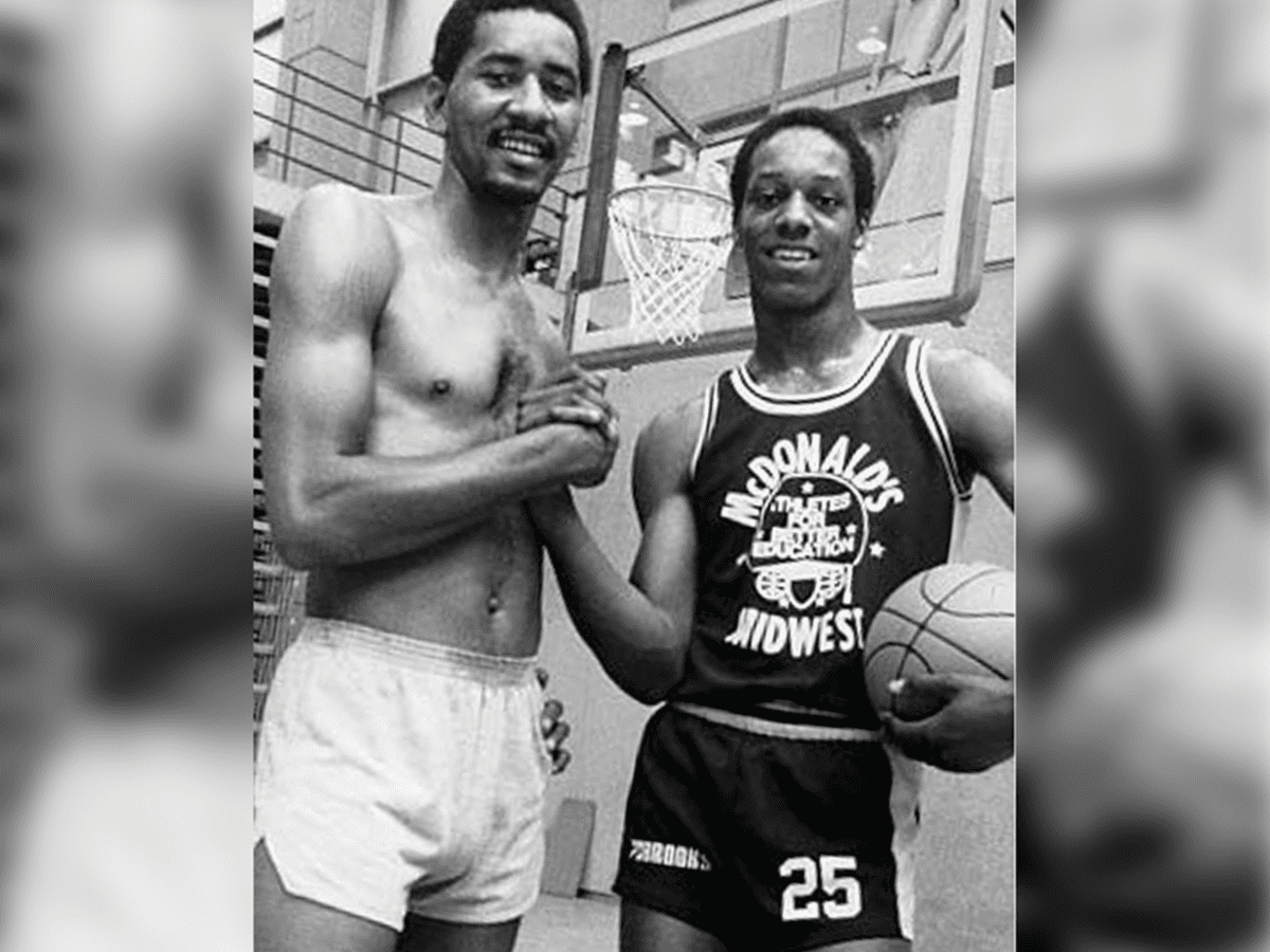 While still in high school Derrick Gervin poses for a photo with his brother, San Antonio Spurs legend George Gervin.
