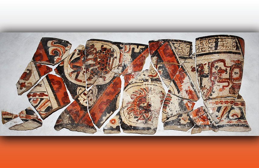 Fragments of a clay pot retrieved from the Maya royal tomb at the Buenavista site in Belize