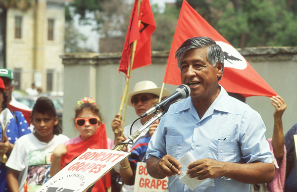 Labor leader and civil rights activist César Chávez speaks at a United Farm Workers rally outside H-E-B headquarters in San Antonio