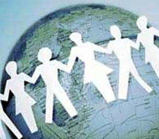 globe and paper dolls