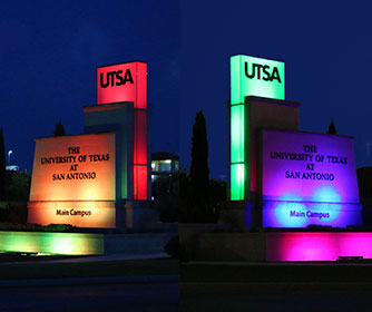UTSA Monuments lit in rainbow colors