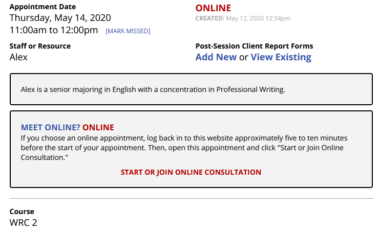 The appointment box open and focused on the section for 'Start or Join Online Consultation'