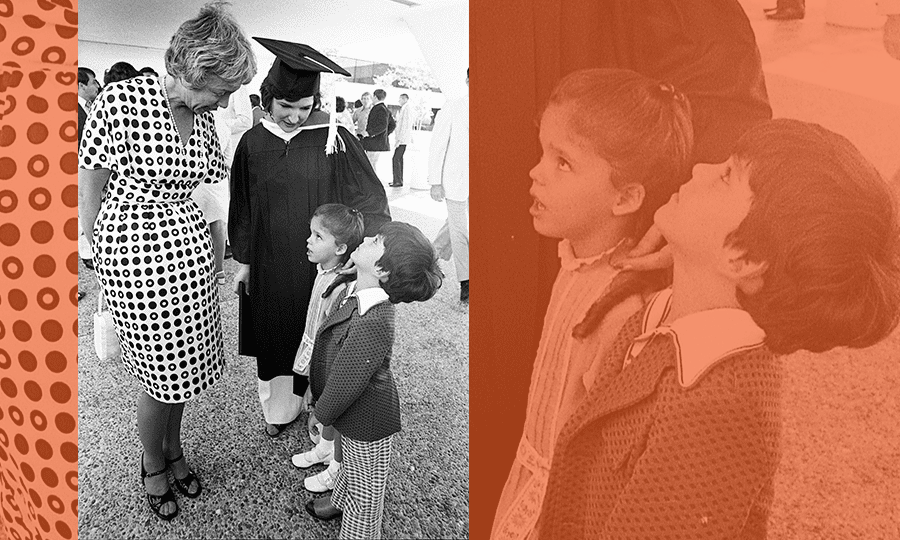 Priscilla Flawn, wife of President Flawn, chats with new graduate Maria Estela Garcia and her twins, Carlos and Clarissa.