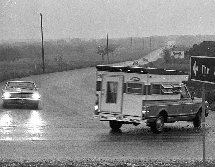 Traffic on UTSA Boulevard, the main artery to campus, on February 18, 1976.