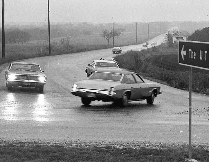 Traffic on UTSA Boulevard, the main artery to campus, on February 18, 1976.