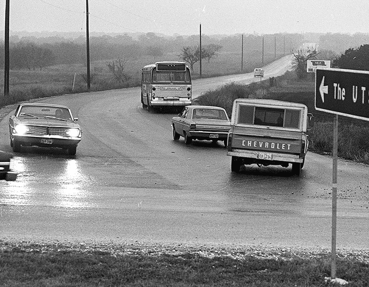 Traffic on UTSA Boulevard, the main artery to campus, on February 18, 1976.