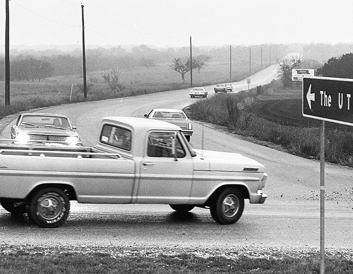 Traffic on UTSA Boulevard, the main artery to campus, on February 18, 1976.