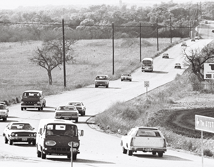 Traffic on UTSA Boulevard, the main artery to campus, on February 18, 1976.