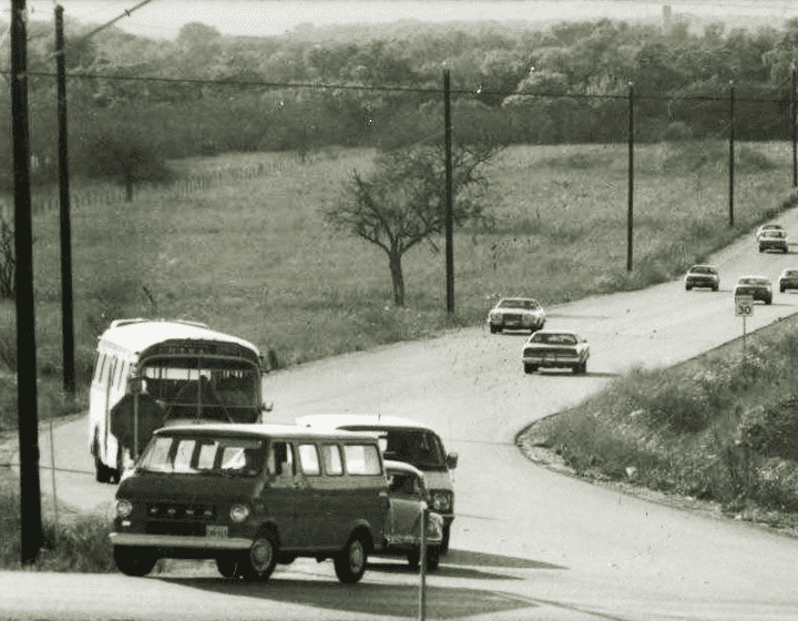Traffic on UTSA Boulevard, the main artery to campus, on February 18, 1976.