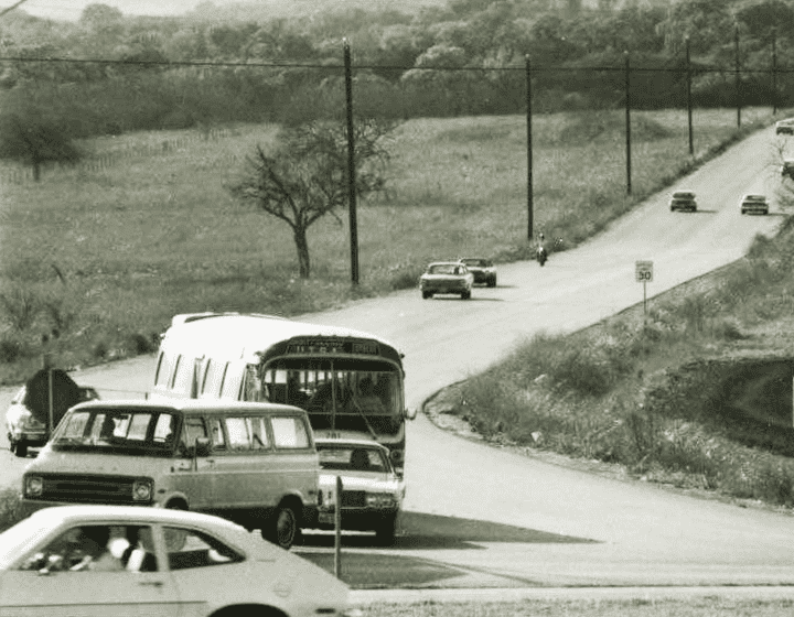 Traffic on UTSA Boulevard, the main artery to campus, on February 18, 1976.