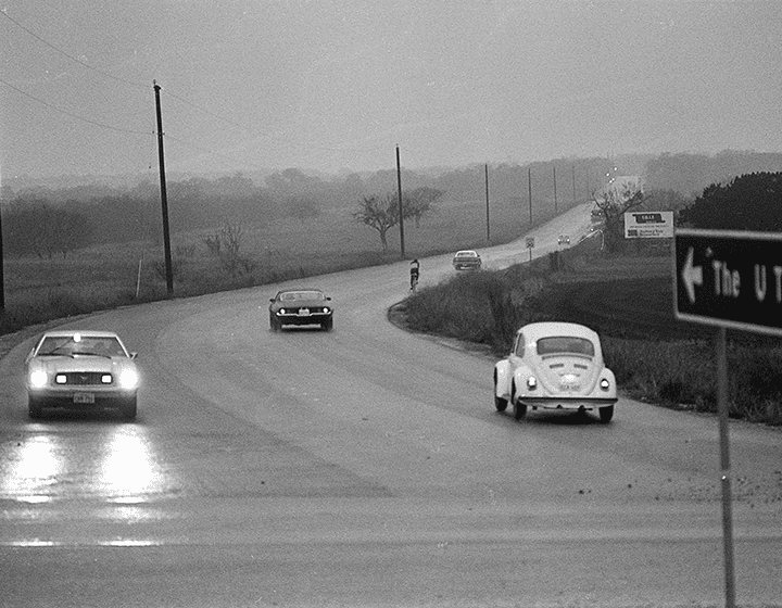 Traffic on UTSA Boulevard, the main artery to campus, on February 18, 1976.