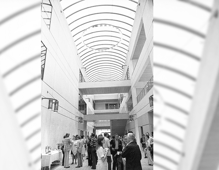 Visitors mingle in the new Humanities-Business Building’s main <em>galeria.</em>