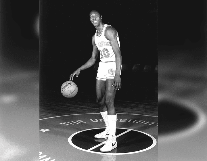 A publicity shot of Derrick Gervin. His team number, 30, was later retired by UTSA, and a Gervin jersey hangs in the Convocation Center.