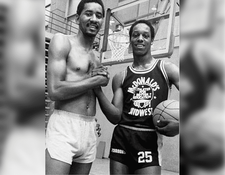 While still in high school Derrick Gervin poses for a photo with his brother, San Antonio Spurs legend George Gervin.