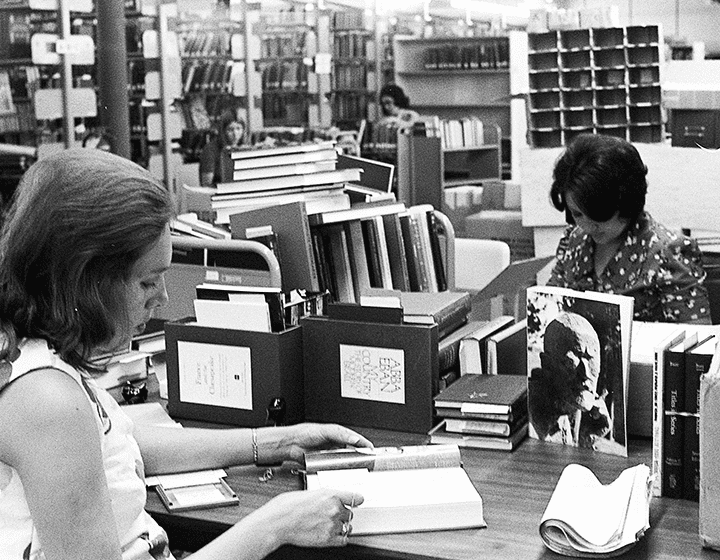 Library workers prepare the cards for the 300,000 volumes that will go into the card catalog.