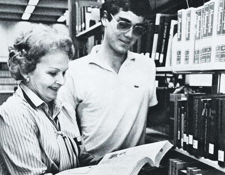 Dub Nash, grandson of the late John Peace, for whom UTSA’s library is named, visits the JPL with his grandmother, Ruby Peace.