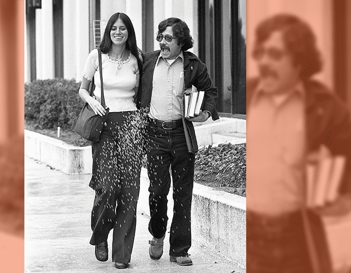 Elizabeth Pampa and Joe Garza are showered with rice as they stroll outside the Koger Center, where UTSA started classes in 1973.