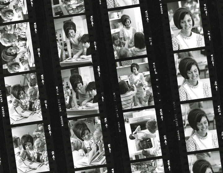 A contact sheet of UTSA marketing photos of Tholen with her elementary school class in April 1973.