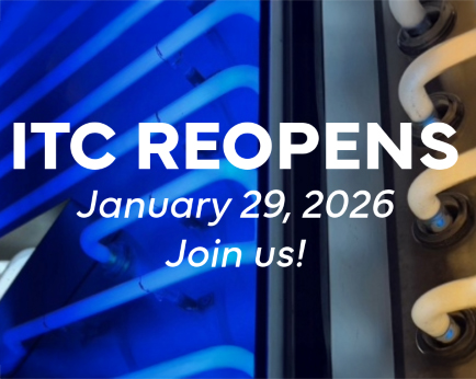 A blue background with white letters that say ITC is reopening.