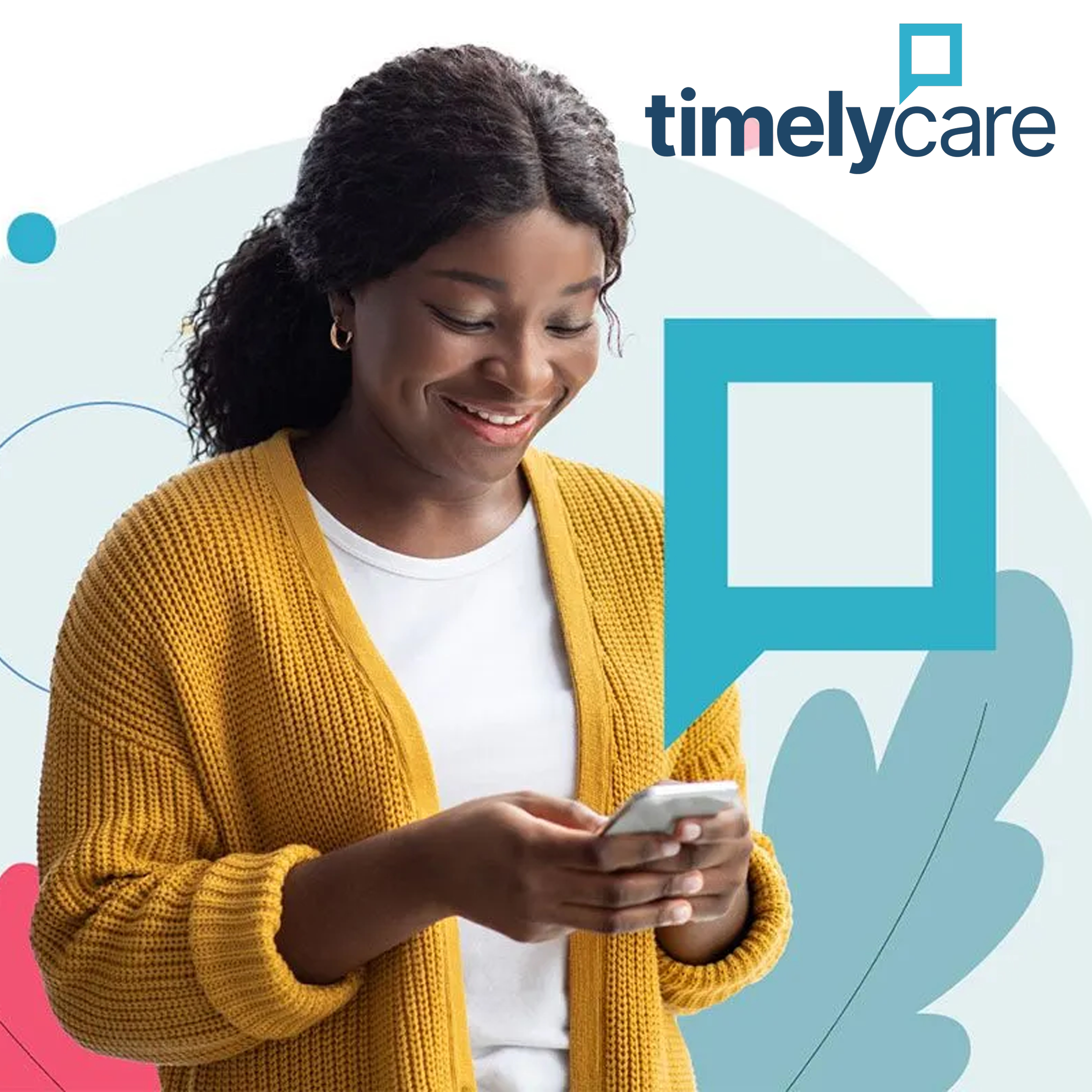 A young girl smile while looking at her cell phone with a Timely Care logo at the top.