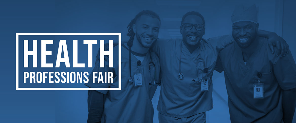 Health Professions Fair banner with three people in a health setting