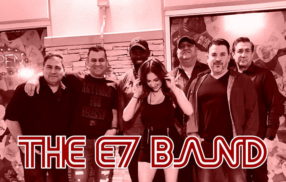 Sepia image of the seven member band with text The E7 Band