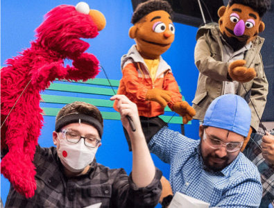 Bradley on the TV show Sesame Street handling muppets