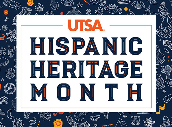 Hispanic Heritage Month logo over a pattern of line drawings with hispanic culture motifs