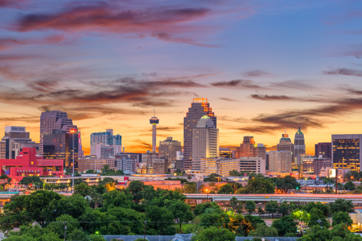 The San Antonio skyline at sunset