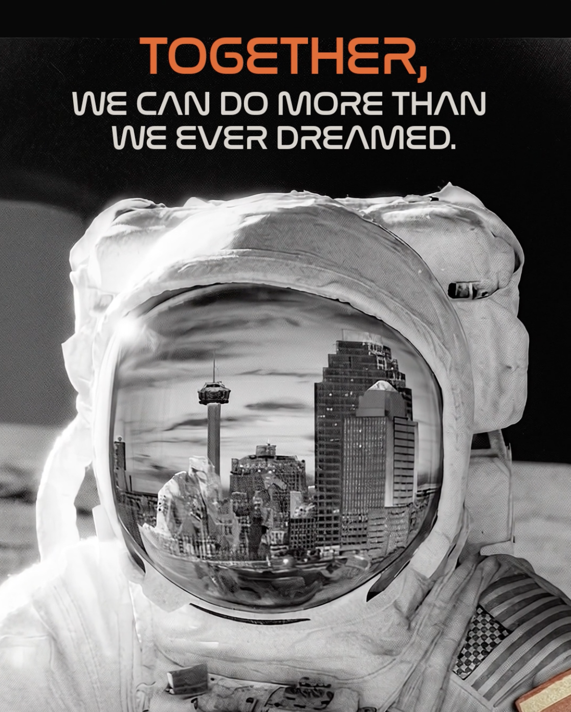astronaut with san antonio city skyline in his reflection