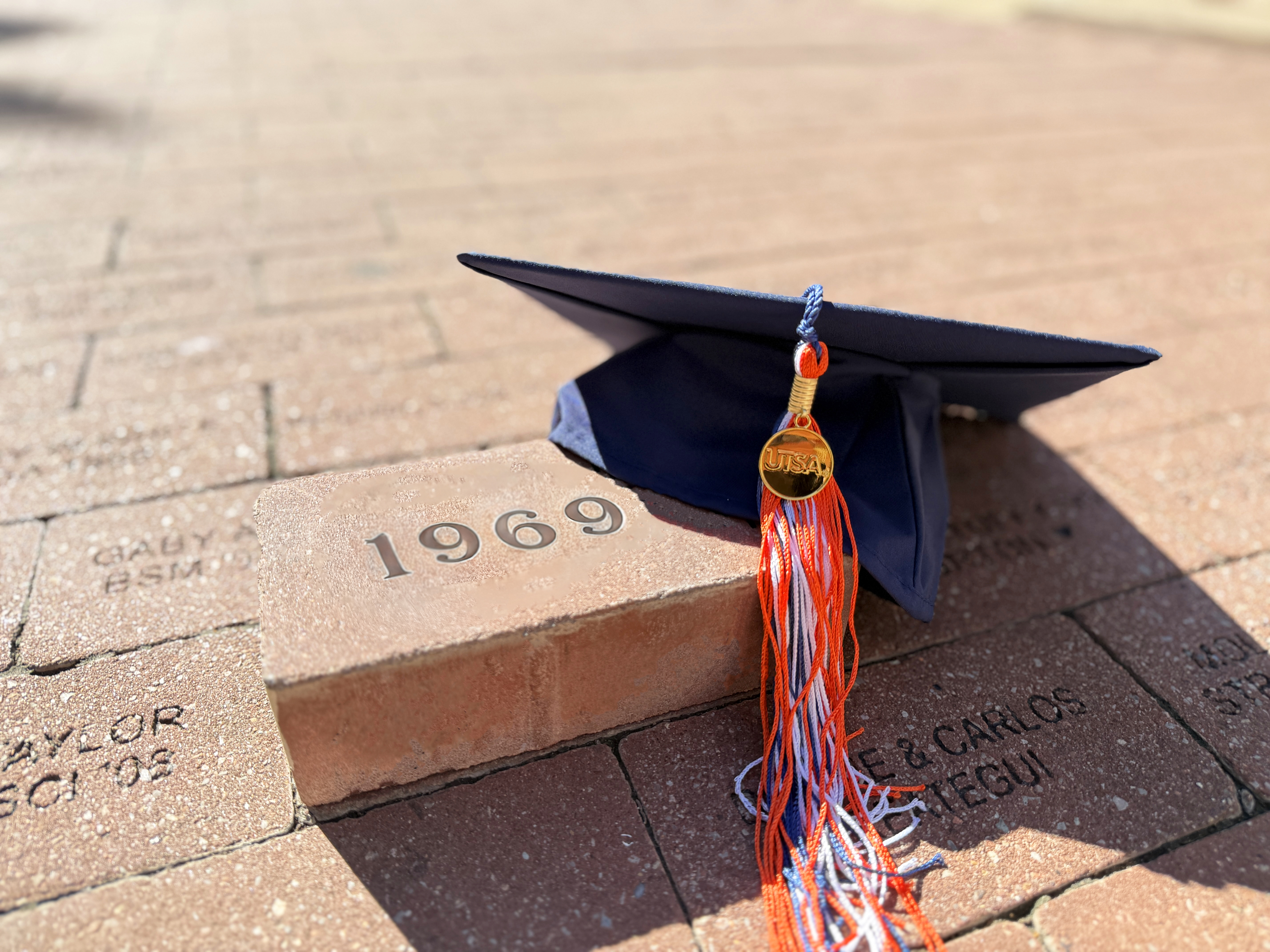 Graduate cap on bricks