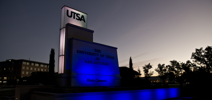 UTSA monument entrance at night
