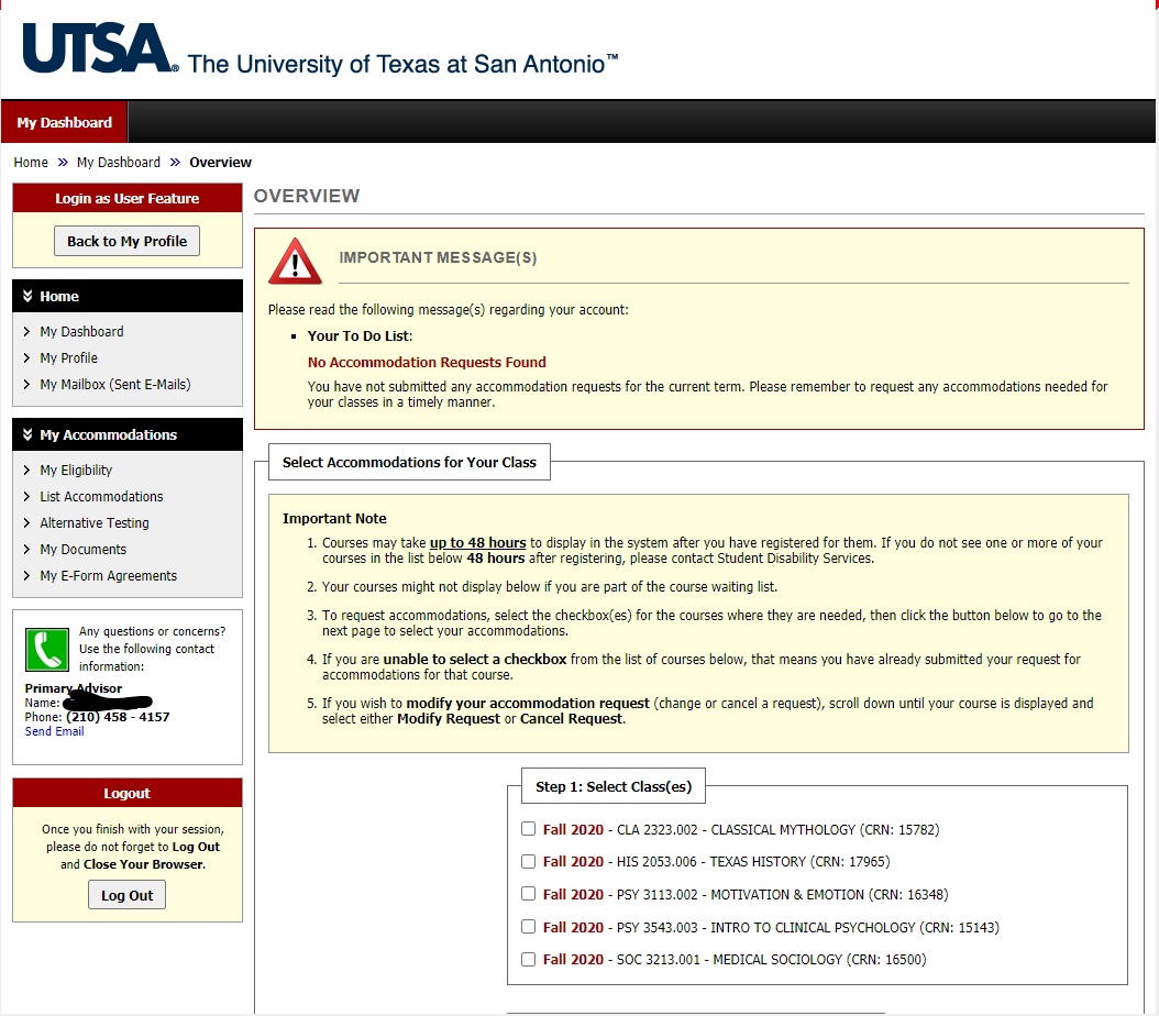 Screenshot of the Accommodations Request page