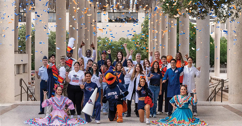 Celebration of be bold campaign at sombrilla fountain on UT San Antonio campus