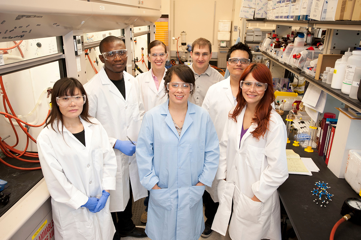 students wearing lab coats