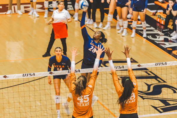 UTSA Volleyball team at play on the court