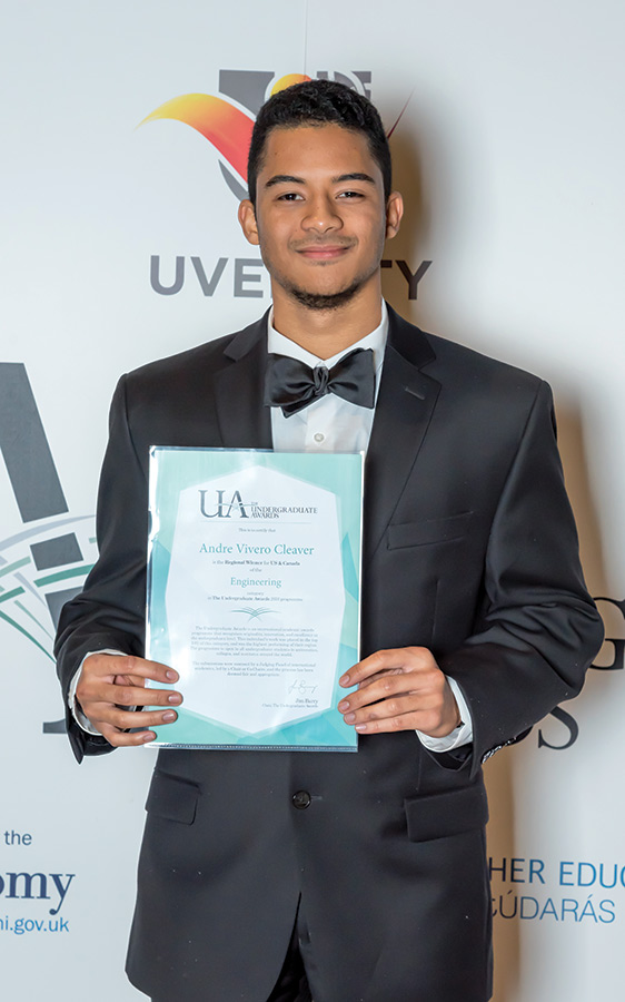 Andre Cleaver shows off his Undergraduate Award in Dublin, Ireland, this fall.