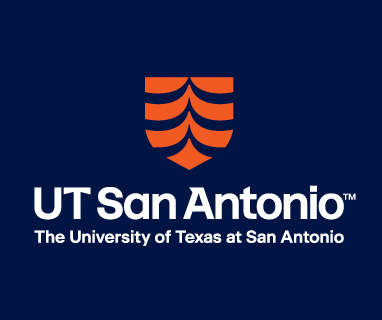 Logo with white text and UT San Antonio Orange shield on Midnight background
