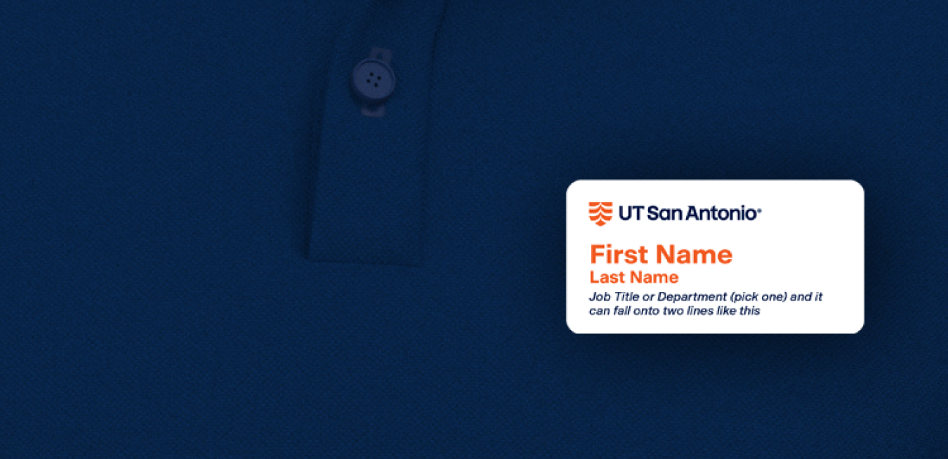 Name tag example, white background with name in orange placed in the middle, logo on top and department below name