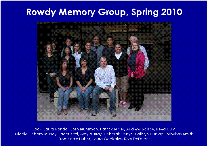 Text Box: Rowdy Memory Group, Spring 2010

Back: Laura Randol, Josh Brunsman, Patrick Butler, Andrew Bolisay, Reed Hunt
Middle: Brittany Murray, Sadaf Kazi, Amy Murray, Deborah Persyn, Kathryn Dunlap, Rebekah Smith
Front: Amy Huber, Laura Carrizales, Ross DeForrest
