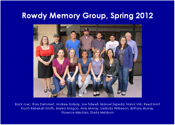 Text Box: Rowdy Memory Group, Spring 2012
 

 
Back row:  Ross DeForrest, Andrew Bolisay, Joe Tidwell, Manuel Zepeda, Harvir Virk, Reed Hunt 
Front: Rebekah Smith, Marisa Aragon, Amy Murray, Verlinda Wilkerson, Brittany Murray, 
Florence Mizutani, Sheila Meldrum
